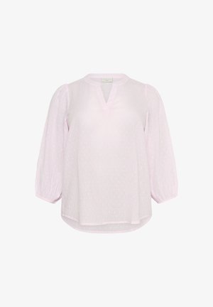 Light pink blouse with a relaxed fit, featuring puff sleeves, a V-neckline, and a textured dotted pattern. Soft, lightweight fabric.
