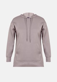Jasnoszara bluza z kapturem, wykonana z miękkiego materiału, z kieszenią z przodu, sznurkami do regulacji oraz ściągaczami na rękawach. Luźny, oversize'owy krój z komfortowym fasonem.