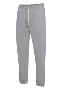Lichtgrijze sweatpants van zachte stof, met een elastische tailleband met trekkoorden en taps toelopende enkels. Klein logo op één been.