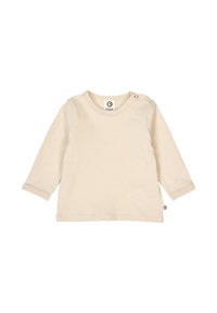 Long-sleeve cream-colored T-shirt made of soft cotton, featuring a round neckline and side snap button detail for easy wear.