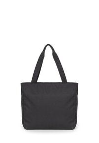 Borsa tote in tessuto nero con due manici corti, forma rettangolare, texture liscia e design semplice. Nessun marchio visibile o abbellimenti.