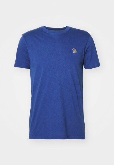 Blue cotton t-shirt featuring short sleeves, a round neck, and a small embroidered design on the left chest area.
