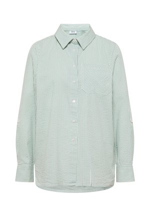 Jasnozielona i biała koszula w pionowe paski z długim rękawem, zapinana na guziki, z przednią kieszenią na piersi i kołnierzykiem.
