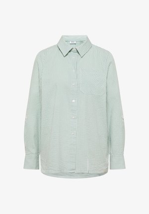 Chemise à manches longues à rayures verticales vert clair et blanc, avec poche poitrine avant et col.