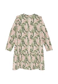 Blommig klänning med långa ärmar, grön och rosa tropisk lövmönster, texturerade axeltrendingar och en samlad nederkant. Tillverkad av bomull.