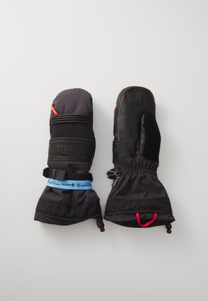 Moufles isolées noires et grises, avec des accents en cuir, des poignets élastiqués, des sangles ajustables et des détails contrastés en rouge et bleu.