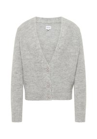 Jasnoszary dzianinowy kardigan z dekoltem w serek, długimi rękawami i trzema guzikami z przodu. Miękka faktura z krótko zakończonym dołem.