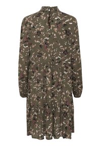 Robe à imprimé floral en vert olive avec des manches longues, un col froncé et une jupe à volants. Comprend des accents roses, blancs et noirs.
