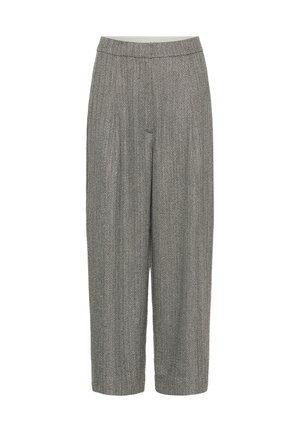 Pantalons gris taille haute et ample avec un motif chevron subtil et une taille ajustée, présentés sur un fond blanc.