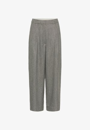 High-waisted, wide-leg gray trousers with a subtle herringbone pattern and a fitted waistband, displayed on a white background.
