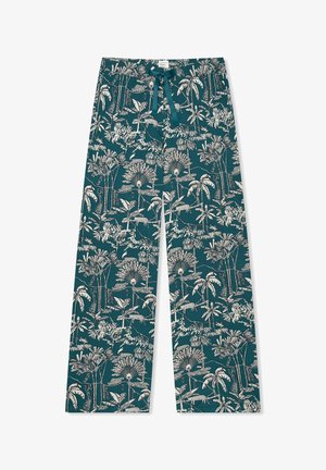 Pantalon large sarcelle avec un imprimé forêt tropicale blanche et un cordon de serrage sarcelle assorti à la taille élastique.