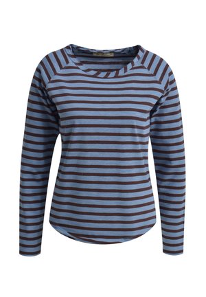 Long-sleeve shirt in light blue with dark brown horizontal stripes. Soft fabric, rounded hem, and crew neck design enhance comfort and fit.