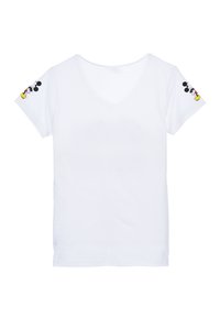 Witte katoenen T-shirt met korte mouwen en een V-hals. Voorzien van een kleurrijke Mickey Mouse-print op elke mouw. Glad van textuur.