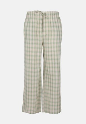 Groene en witte geblokte pyjamabroek, gemaakt van zachte stof, heeft een elastische tailleband met een trekkoord en brede, losse pijpen.