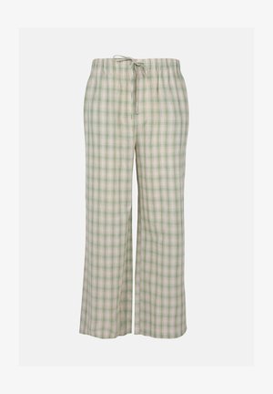 Zeleno-bílé kárované pyžamo kalhoty, vyrobené z měkké látky, mají elastický pas s tkaničkou a široké, volné nohavice.