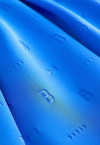 Jasnoniebieska tkanina o gładkiej fakturze z wytłoczonymi literami i wzorami, w tym stylizowaną literą 'B' oraz słowem 'BAKER'.