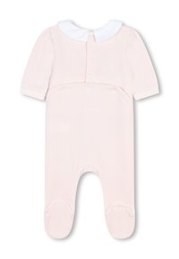 Romper per infantili rosa chiaro con maniche corte, colletto bianco, chiusure a scatto frontali e design con piedi. Realizzato in tessuto morbido e elastico.