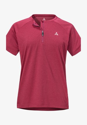 Kurzälliger, mit Reißverschluss versehenen Sportoberteil in tiefrot mit strukturiertem Streifen. Verfügt über einen Stehkragen und ein dezentes Logo auf der Brust.