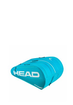 Felblauwe HEAD tennistas met meerdere ritsvakken, ontworpen om tennisrackets en accessoires te dragen.