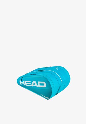 Sac de tennis HEAD bleu vif avec plusieurs compartiments zippés, conçu pour transporter des raquettes et des accessoires de tennis.