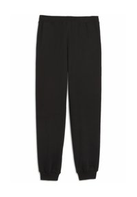 Pantalones de chándal negros hechos de una tela suave, con una cintura elástica, tobillos acampanados y una textura lisa en toda su superficie.