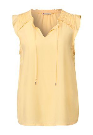 Yellow sleeveless blouse with a V-neck and gathered detailing at the shoulders. Features drawstrings with metallic tips. Smooth fabric.