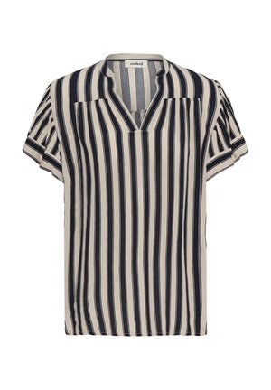 Blúzka s krátkym rukávom s vertikálnymi čiernymi a béžovými pruhmi, výstrih do V, plisované ramená a voľný strih.