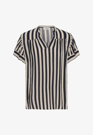 Blúzka s krátkym rukávom s vertikálnymi čiernymi a béžovými pruhmi, výstrih do V, plisované ramená a voľný strih.