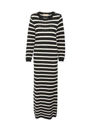 Gestreiftes Strickkleid mit langen Ärmeln, das abwechselnd schwarze und weiße Streifen zeigt, mit Rundhalsausschnitt und taillierter Silhouette.