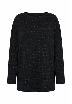 Czarna koszula z długim rękawem w drobne, równomiernie rozmieszczone białe kropki, z okrągłym dekoltem i luźnym krojem na białym tle.