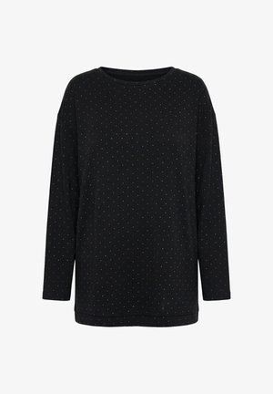 Czarna koszula z długim rękawem w drobne, równomiernie rozmieszczone białe kropki, z okrągłym dekoltem i luźnym krojem na białym tle.