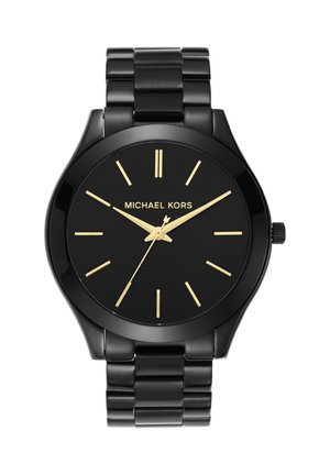 Zwart metalen polshorloge met gouden uurmarkeringen en wijzers, merk Michael Kors, toont tijd 2:48:36.