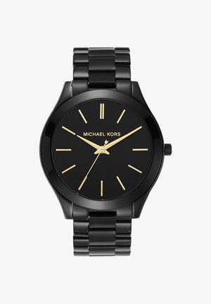 Orologio da polso in metallo nero con indici e lancette dorate, marca Michael Kors, che segna l'ora 2:48:36.
