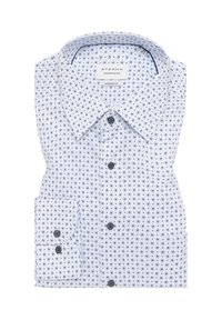 Camicia bianca con vestibilità moderna, motivo floreale blu, colletto button-down e polsini con dettagli di bottoni a contrasto.