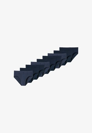 Neuf slips en coton bleu marine, dont un à rayures. Les slips ont une texture lisse et une coupe classique avec des tailles élastiques.