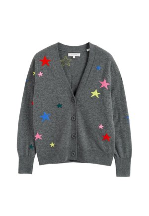 Cardigan grigio con ricami di stelle colorate in rosso, rosa, blu, verde e giallo. Chiusura frontale con bottoni e una vestibilità casual e rilassata.
