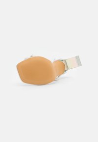 Sandal con tacco alto trasparente, tacco a blocco trasparente, parte superiore in tessuto e suola in gomma testurizzata. Presenta un colore beige neutro.