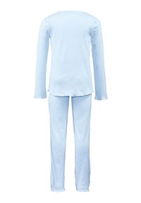 Light blue long-sleeve top and matching pants, made of soft fabric, featuring subtle textured patterns and ruffled hem edges.