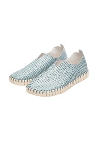 Light blue slip-on shoes with textured scales, soft interior, and cream rubber soles featuring a zigzag pattern along the edges.