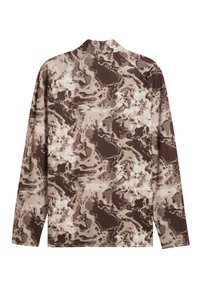 Langærmet skjorte i et abstrakt brunt og beige mønster, med en høj krave og struktureret stof for øget komfort og stil.