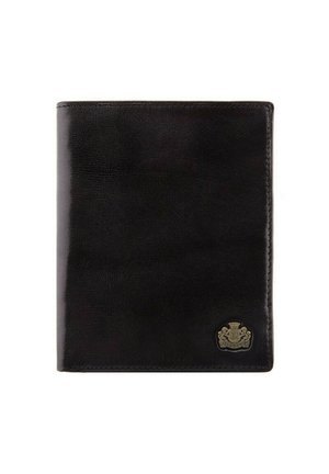Portefeuille en cuir noir avec une texture lisse, de forme rectangulaire et détails de logo en relief. Design minimaliste avec des bords nets.