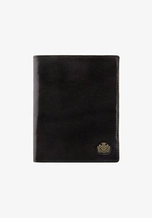 Black leather wallet with a smooth texture, rectangular shape, and embossed logo detail. Minimalistic design with clean edges.