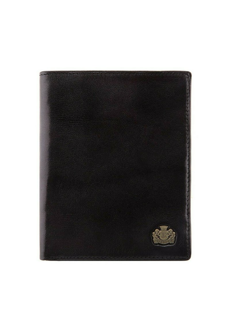 Black leather wallet with a smooth texture, rectangular shape, and embossed logo detail. Minimalistic design with clean edges.