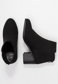 Stivali alla caviglia in suede nero con un pannello a rete nera testurizzata, forma angolare e tacco a blocco con scanalature verticali. Dettaglio con zip incluso.