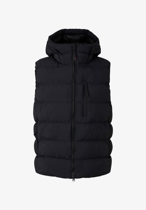 Schwarze gepolsterte Weste mit Kapuze, ausgestattet mit einem Frontreißverschluss, einer vertikalen Reißverschlusstasche und einer glatten, matten Oberfläche. Strukturierte Stepp-Optik.