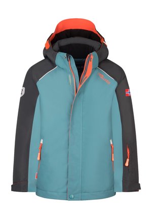 Children’s teal and dark gray winter jacket with orange zipper accents, hood, and Norwegian flag patches on sleeves.