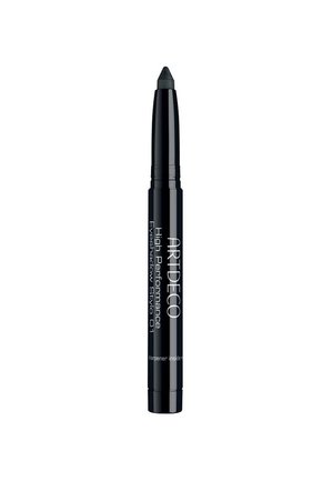 Zwarte uitschuifbare oogschaduwpunt met het label "ARTDECO High Performance Eyeshadow Stylo 01", voorzien van een puntige tip en een ingebouwde slijper.