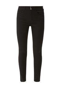 Jean skinny en denim noir avec une texture lisse, présentant une fermeture à deux boutons, des poches avant et une coupe fuselée.