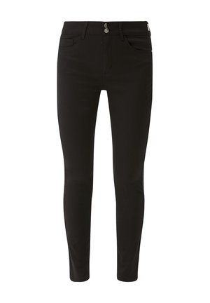 Jeans skinny in denim nero con una texture liscia, dotati di chiusura a due bottoni, tasche frontali e un design a gamba affusolata.