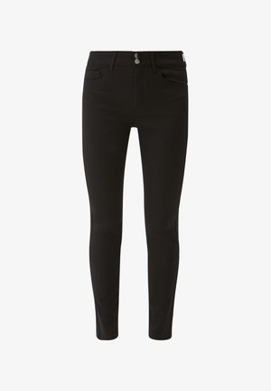 Zwarte denim skinny jeans met een gladde textuur, voorzien van een sluiting met twee knopen, voorzakken en een taps toelopend ontwerp.